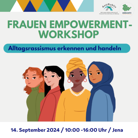 Grafik zeigt vier vielfältige Frauen mit Migrationsgeschichte und kündigt Workshop am 14. September 2024 an