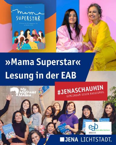 Buch Mama Superstar sowie die beiden Autorinnen und eine Gruppe von Menschen, die das Buch präsentieren